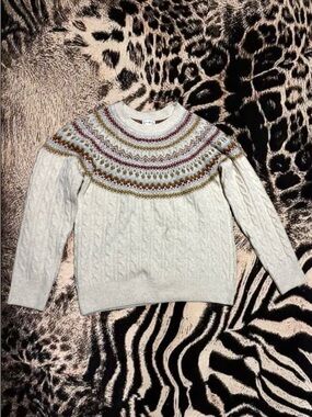 Wonderly Cream Cable Knit Crewneck Sweater with Multicolor Yoke